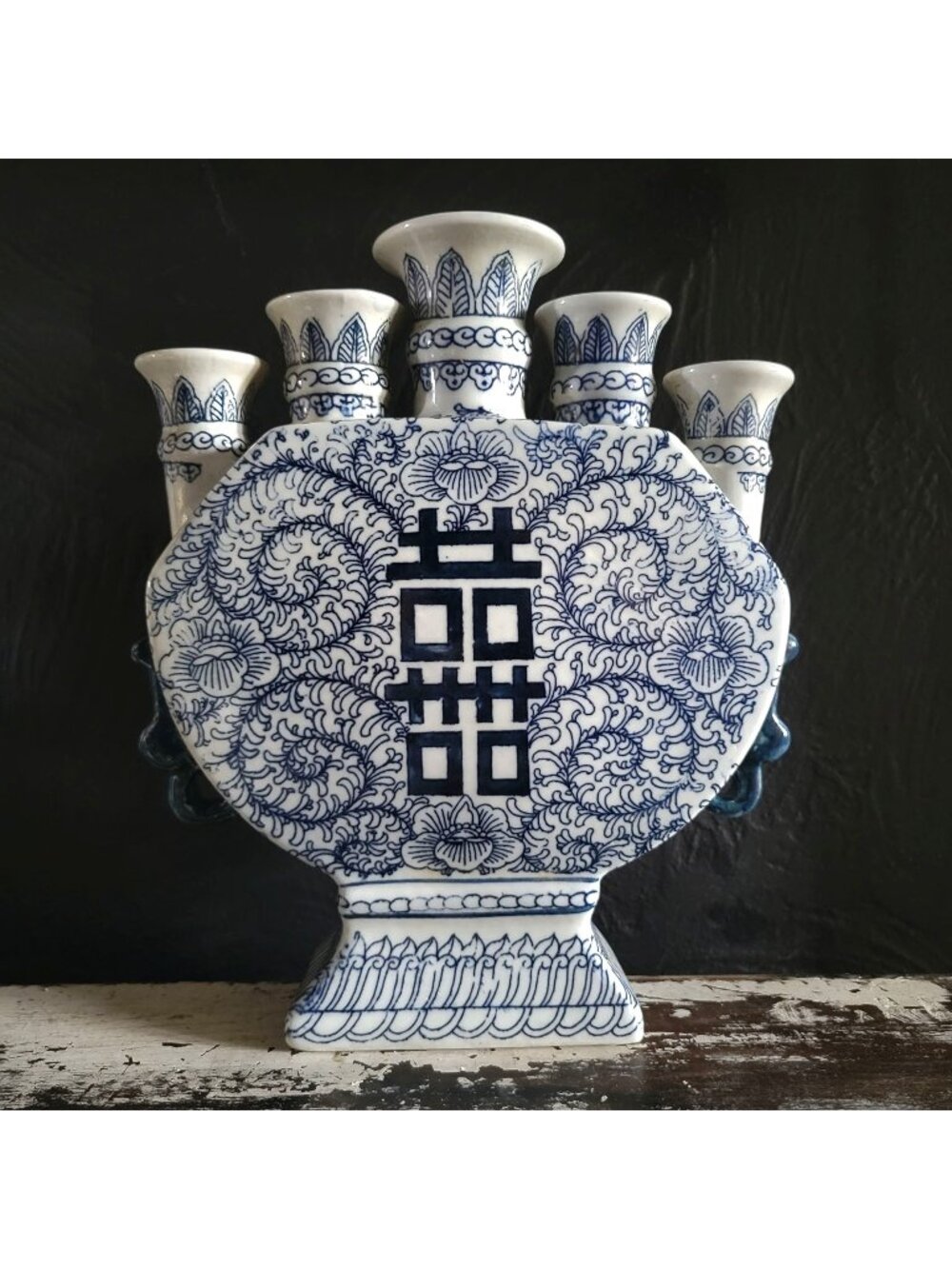 Vtg Double Happiness Porcelain Candle Stick Holder Blue and White Chinoiserie